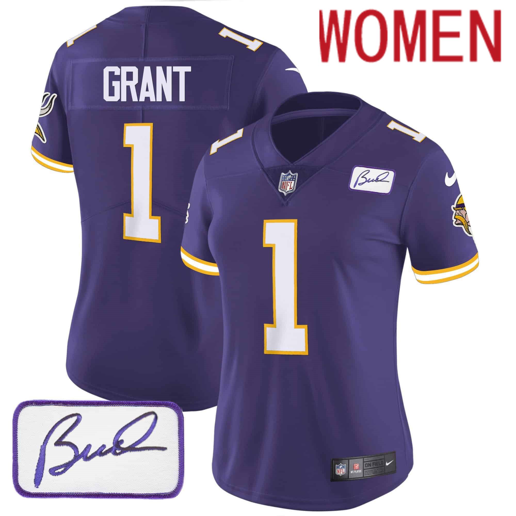 Women Minnesota Vikings 1 Grant Purple 2024 Nike Bud Grant Patch Classic Limited NFL Jersey style 3